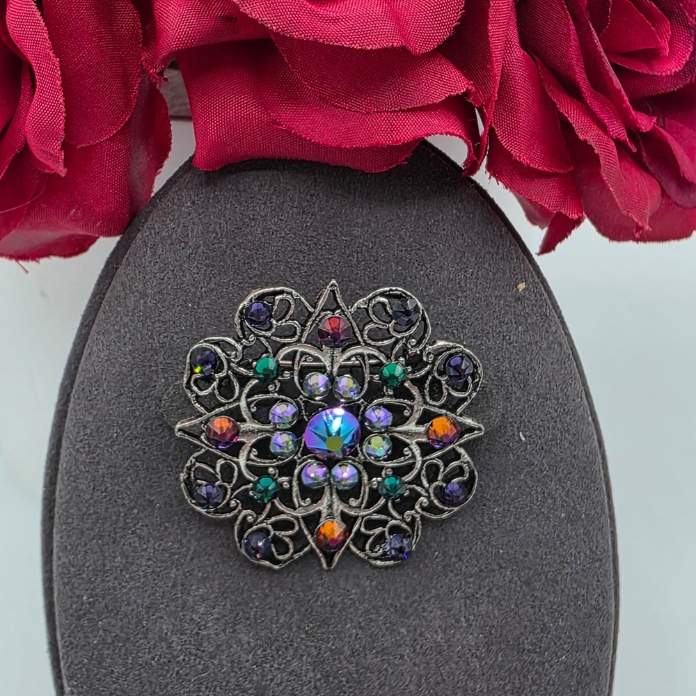 AKD Vintage Filigree Brooch Multi Color Aurora Borealis Rhinestone Silver Tone